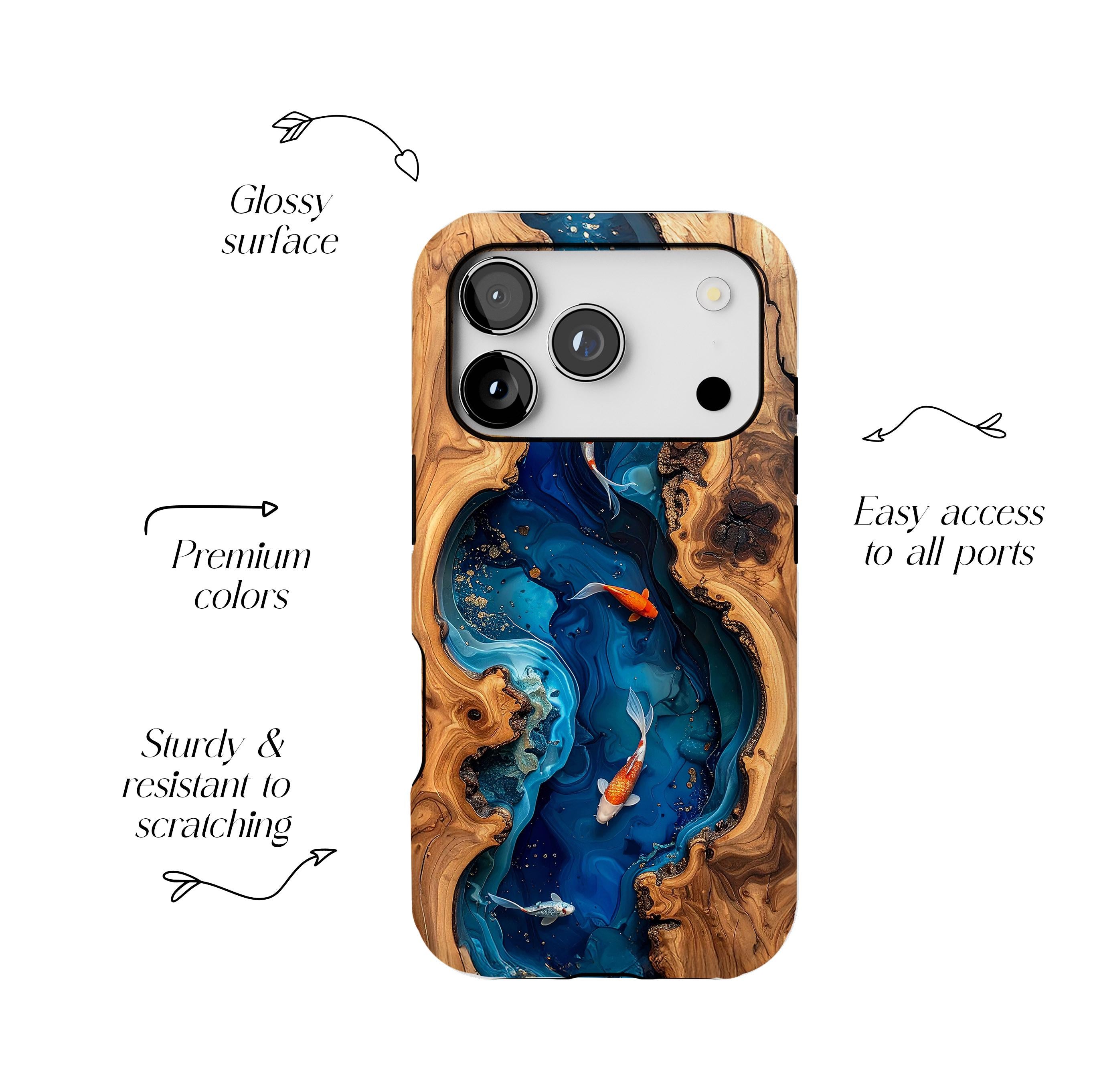 Koi Fish Faux Wood Resin Phone Case, Blue Epoxy iPhone MagSafe Tough Case