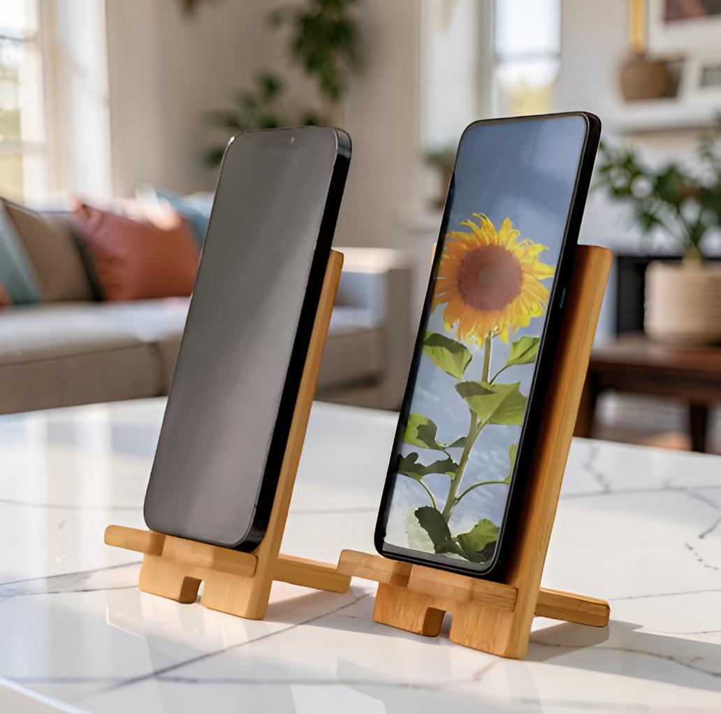 Bamboo Phone Stand Handmade Wooden Phone Holder Foldable Desk Organizer Minimalist Tablet Stand Eco Friendly Gift for Home Office