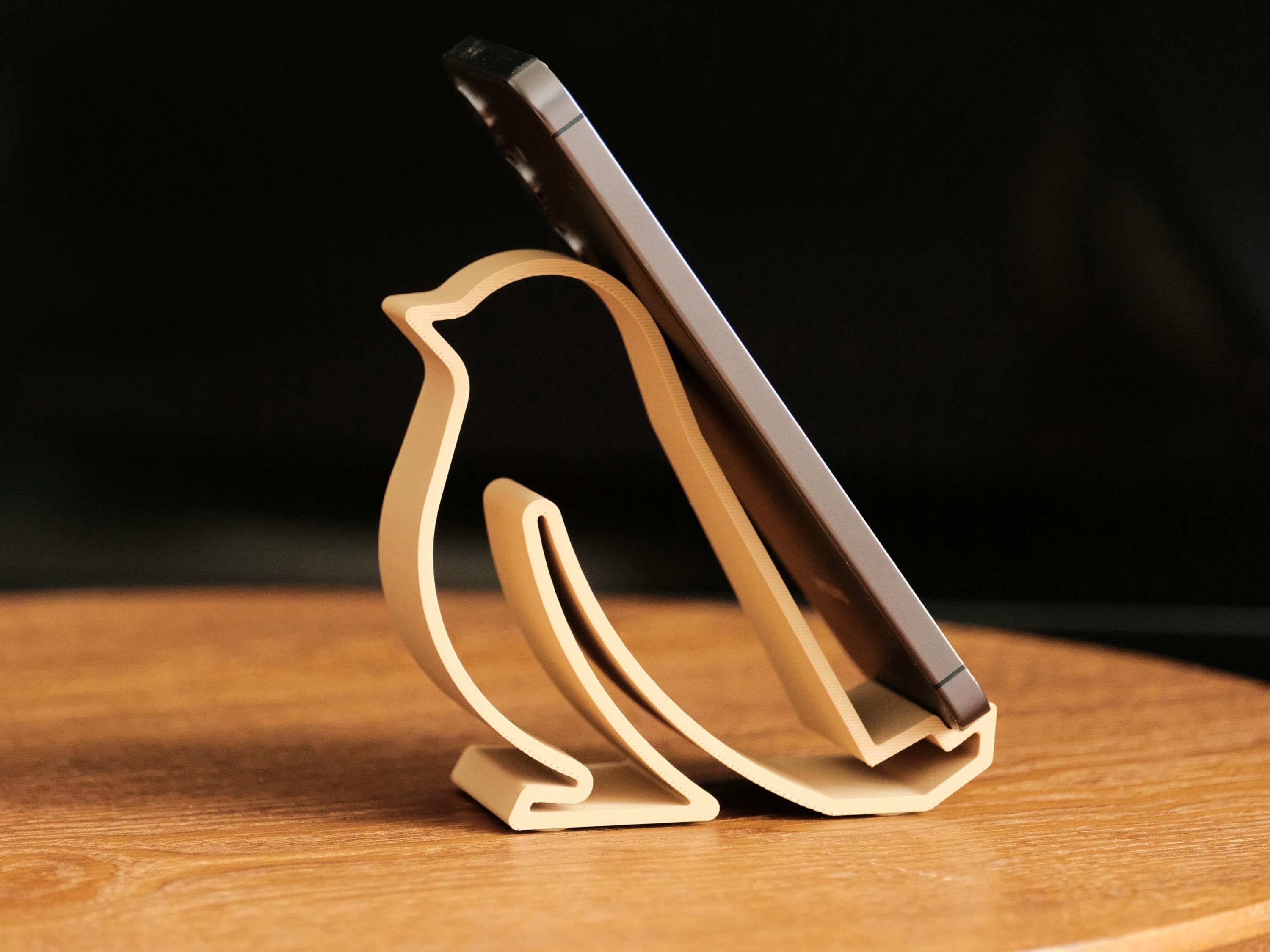 Little Bird Phone Stand Ethereal Edition, 3D Printed Natural Wood Line Art Home Decor