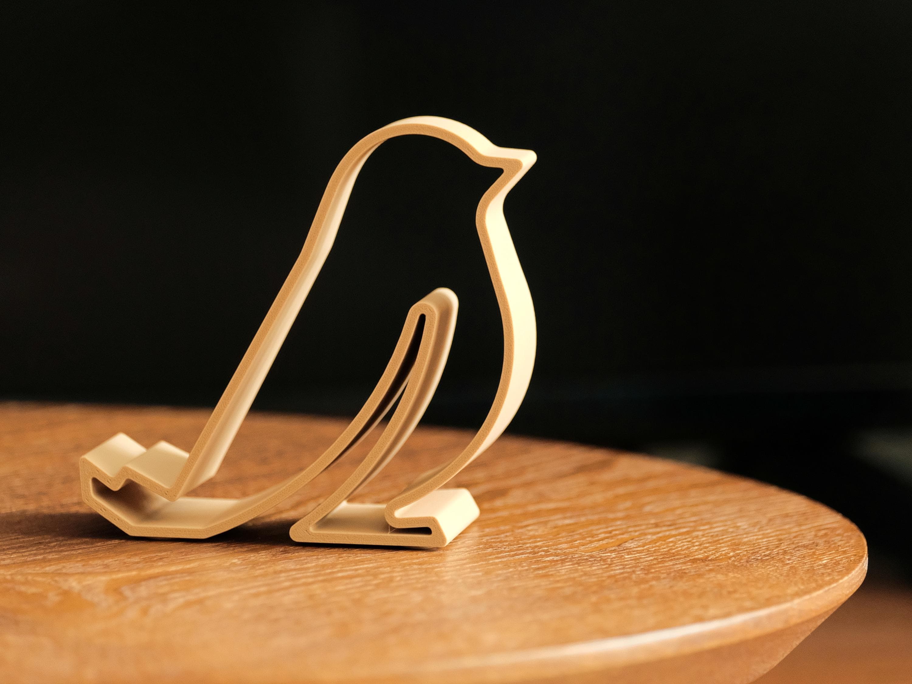 Little Bird Phone Stand Ethereal Edition, 3D Printed Natural Wood Line Art Home Decor