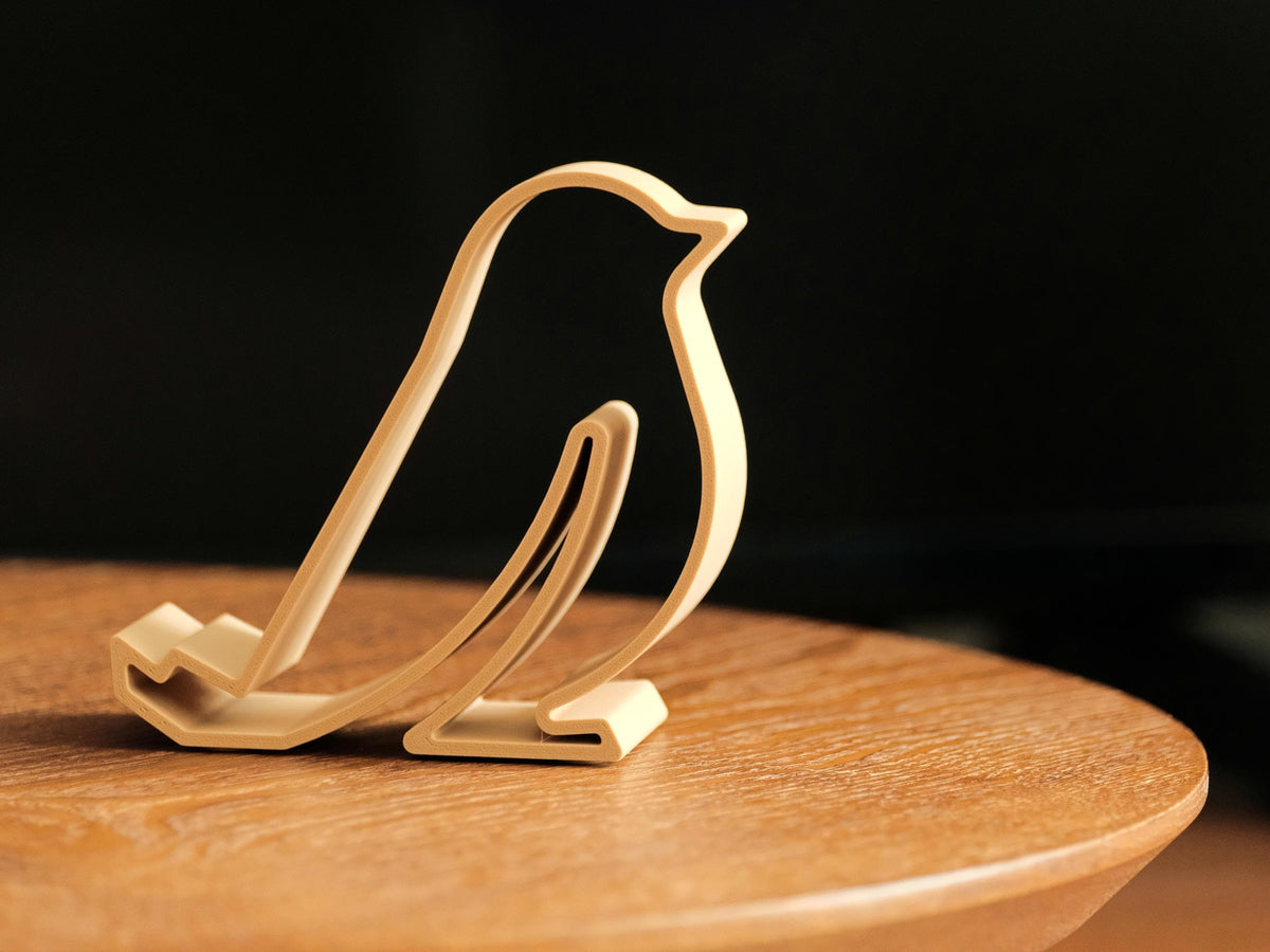 Little Bird Phone Stand Ethereal Edition, 3D Printed Natural Wood Line Art Home Decor