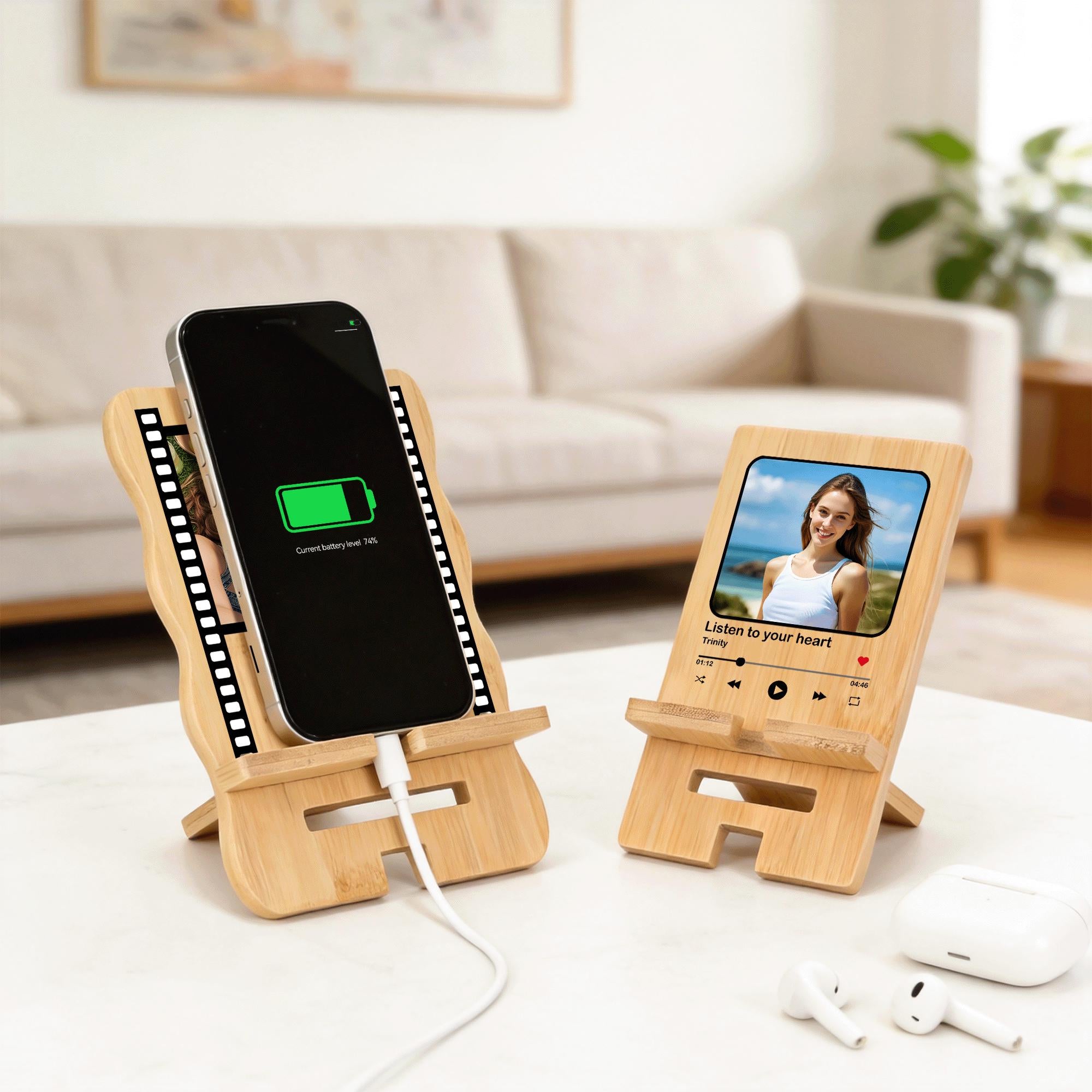 Personalized Photo Detachable Bamboo Phone Stand iPad Holder with Name Text and Date, Desk Decor Organizer Gift