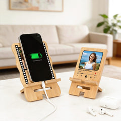 Personalized Photo Detachable Bamboo Phone Stand iPad Holder with Name Text and Date, Desk Decor Organizer Gift