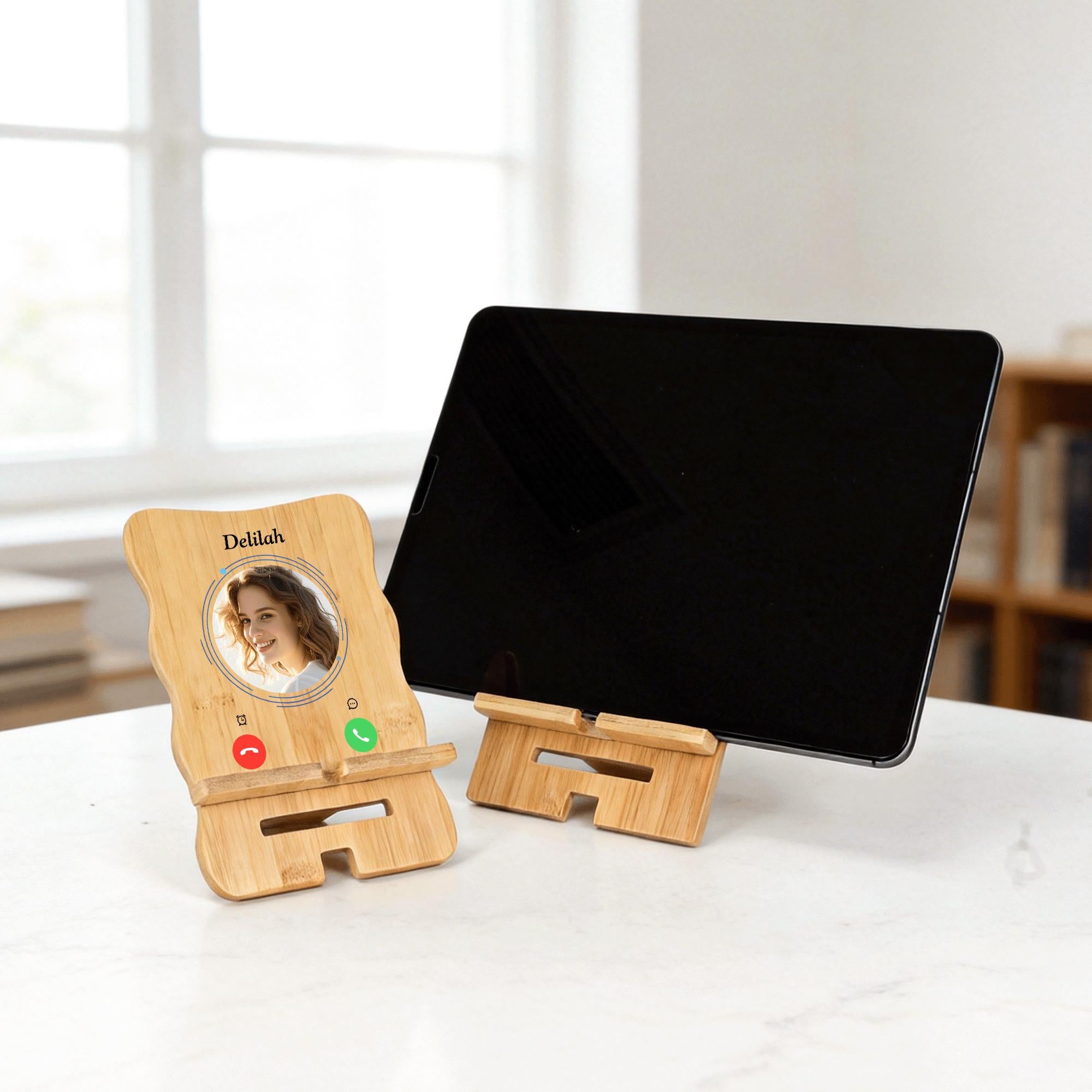 Personalized Photo Detachable Bamboo Phone Stand iPad Holder with Name Text and Date, Desk Decor Organizer Gift