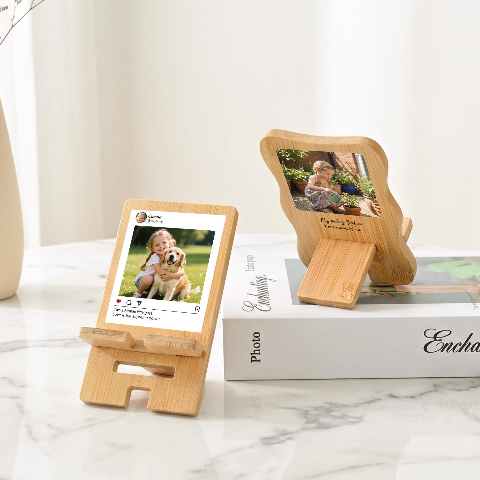 Personalized Photo Detachable Bamboo Phone Stand iPad Holder with Name Text and Date, Desk Decor Organizer Gift