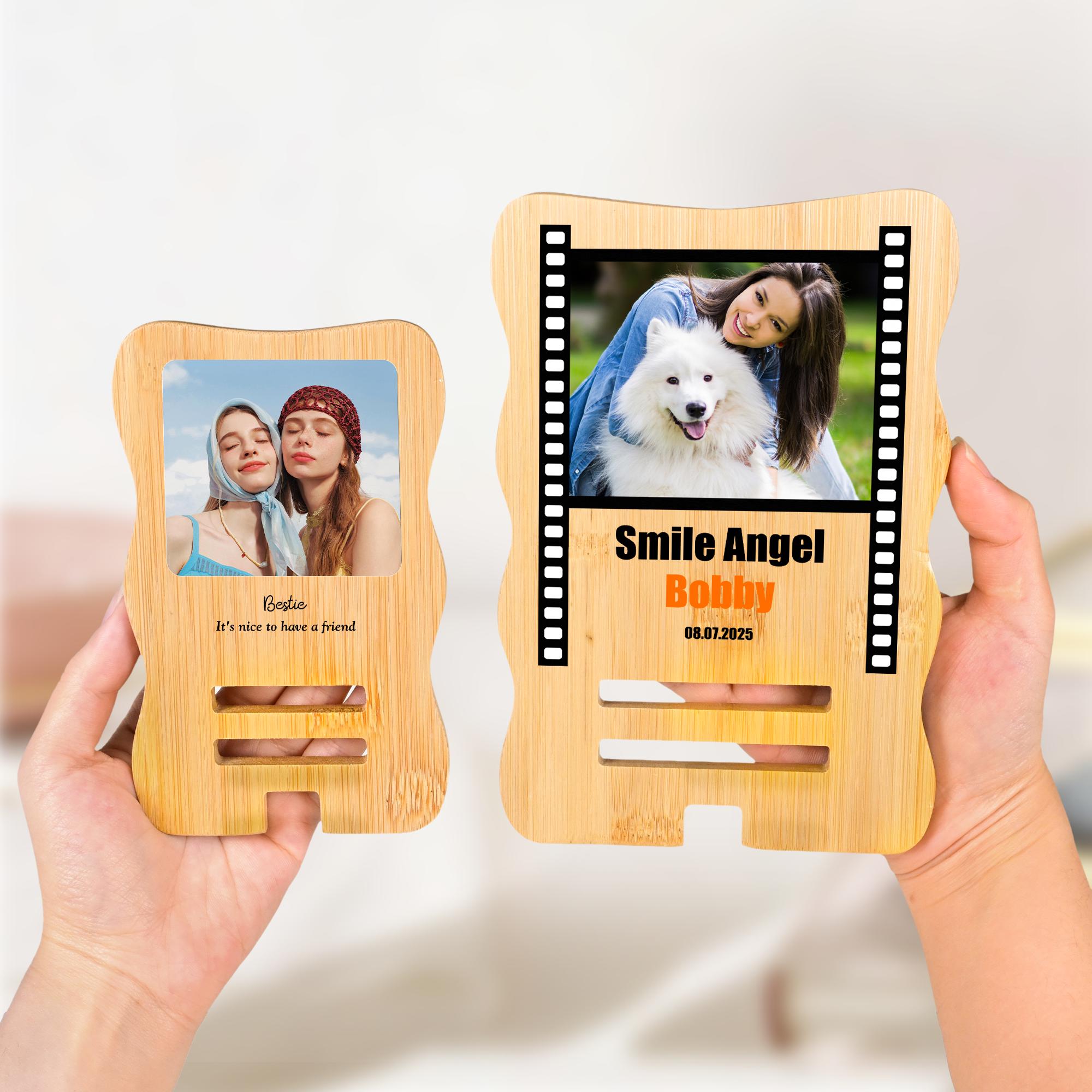 Personalized Photo Detachable Bamboo Phone Stand iPad Holder with Name Text and Date, Desk Decor Organizer Gift