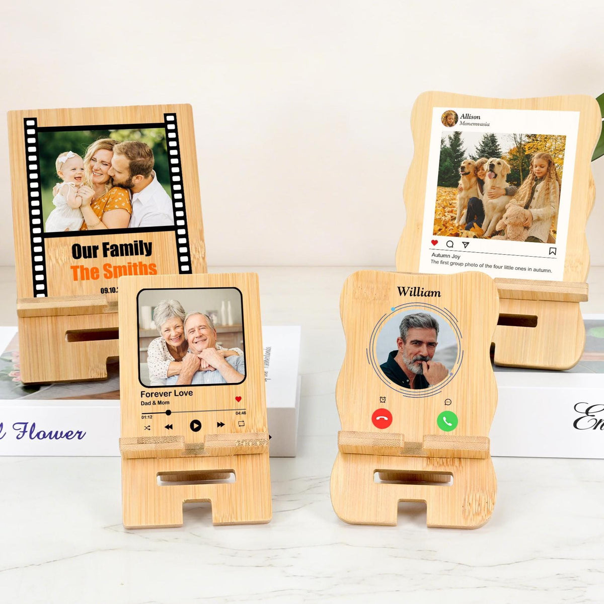 Personalized Photo Detachable Bamboo Phone Stand iPad Holder with Name Text and Date, Desk Decor Organizer Gift