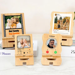 Personalized Photo Detachable Bamboo Phone Stand iPad Holder with Name Text and Date, Desk Decor Organizer Gift