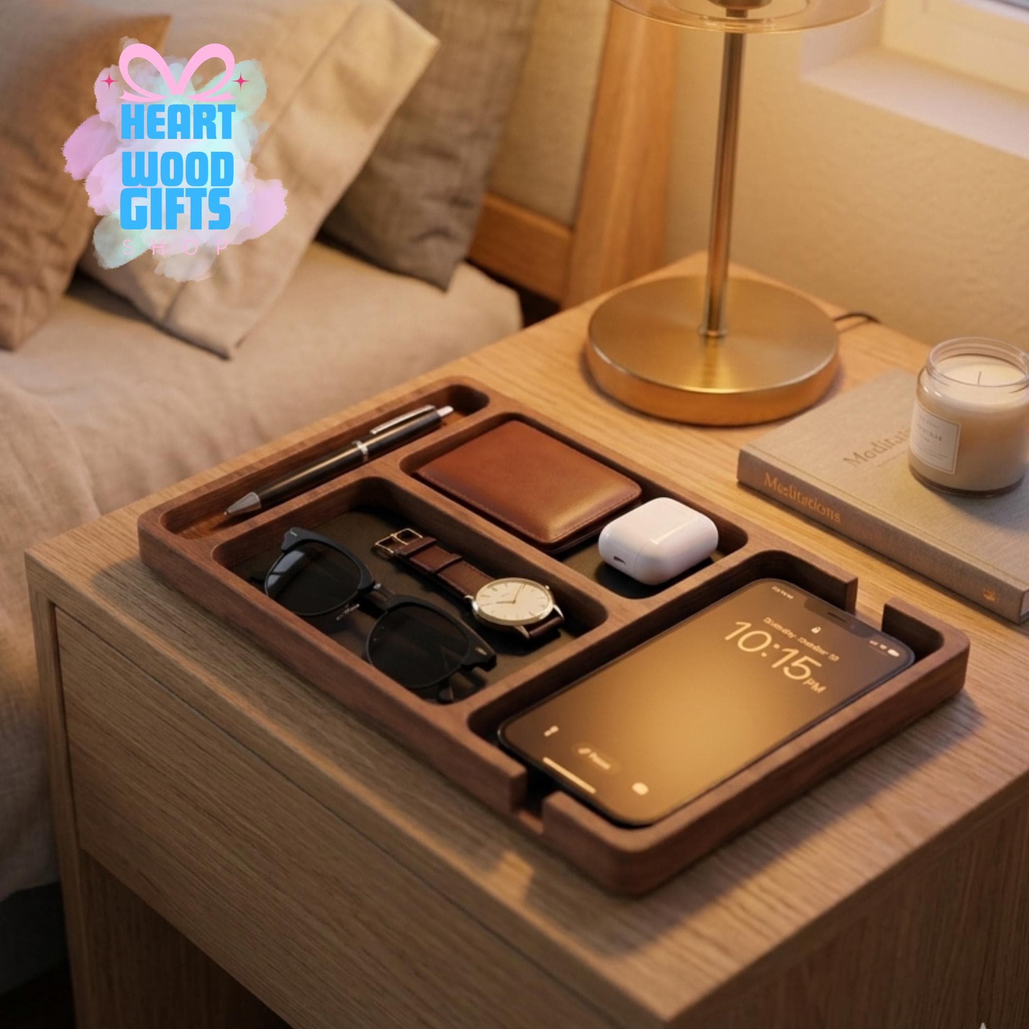 Wooden Valet Tray Organizer with Phone Charging Slot