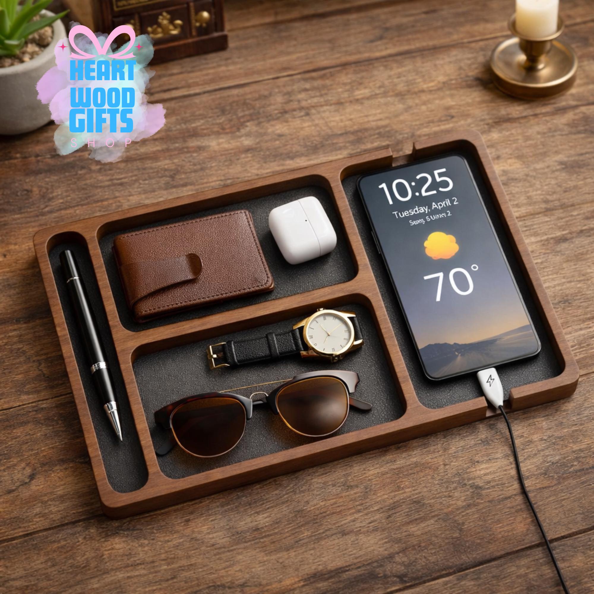 Wooden Valet Tray Organizer with Phone Charging Slot